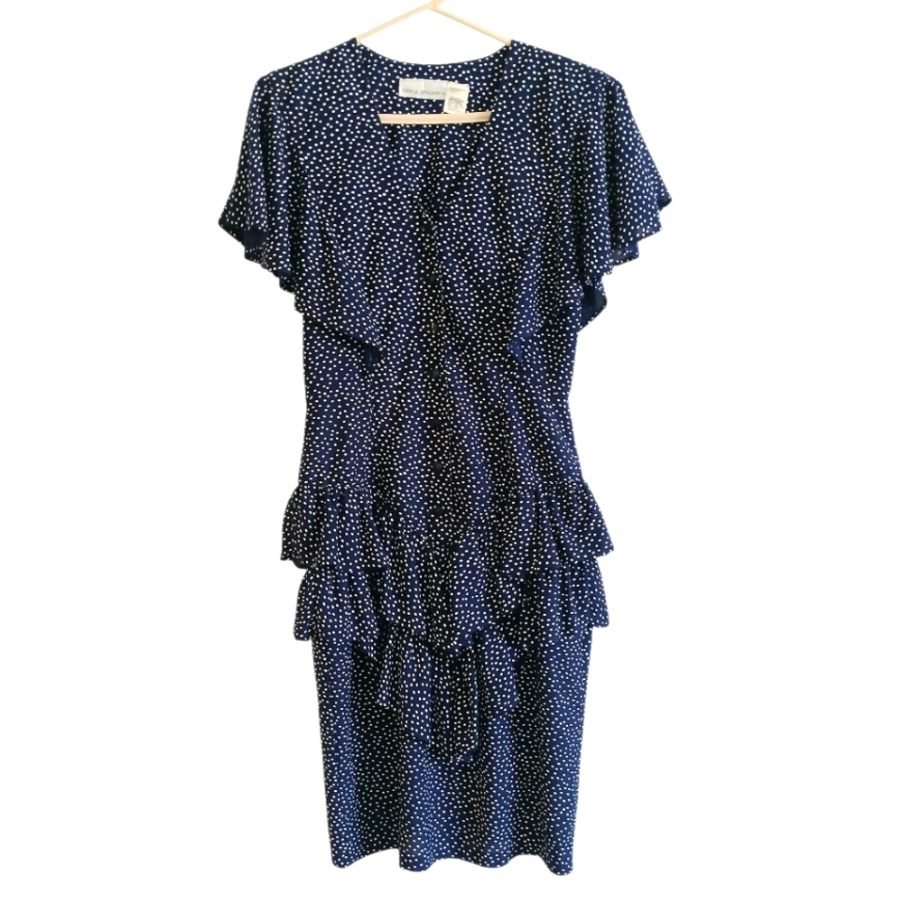 VINTAGE David Benjamin Dress Women's 8 Navy Polka Dot Ruffles Buttons Pinup 50's